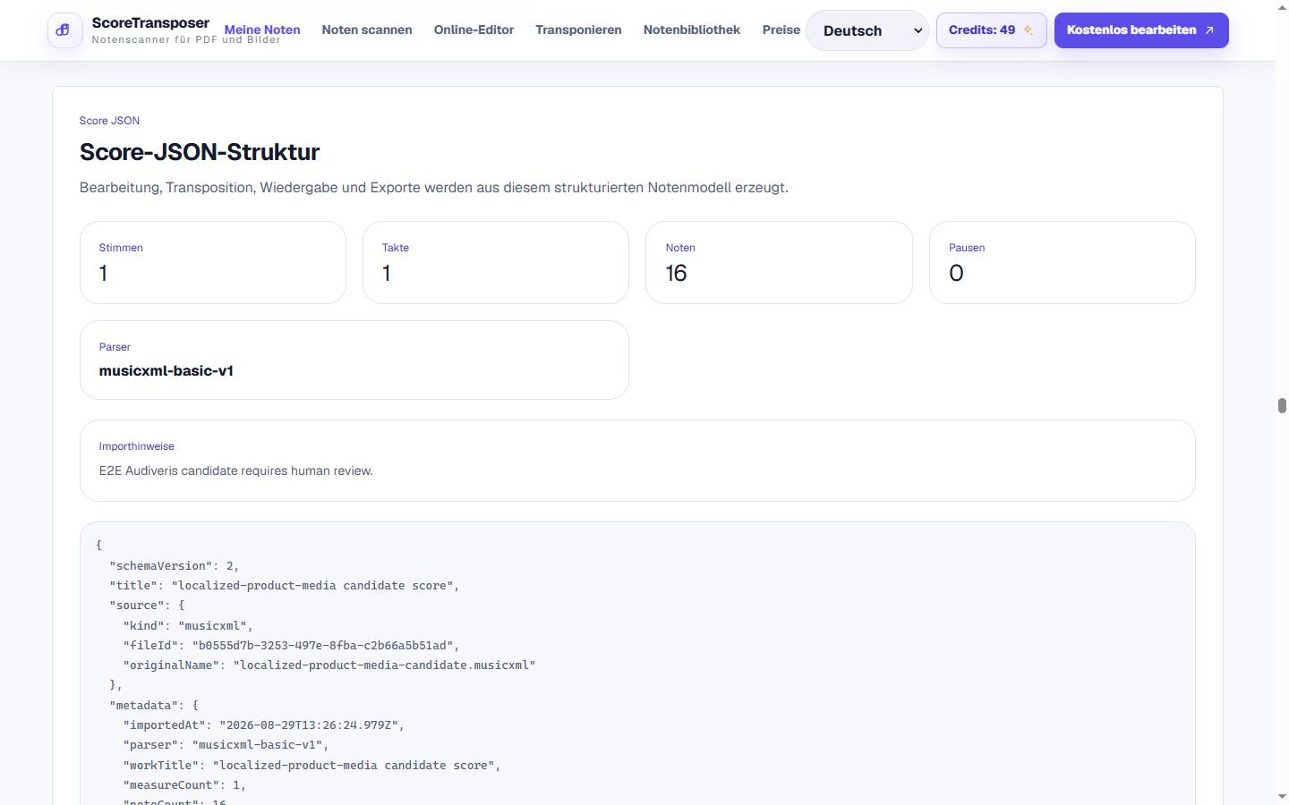 PDF-zu-MusicXML-Konverter online in der realen Produktoberfläche