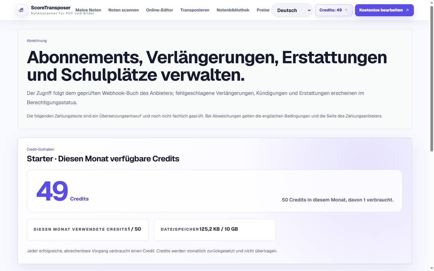 ScoreTransposer-Preise in der realen Produktoberfläche