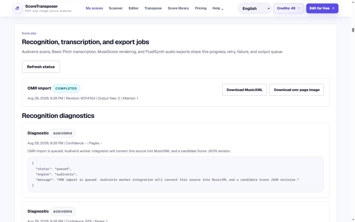 Shared score-job queue used for OMR, audio transcription, and export processing