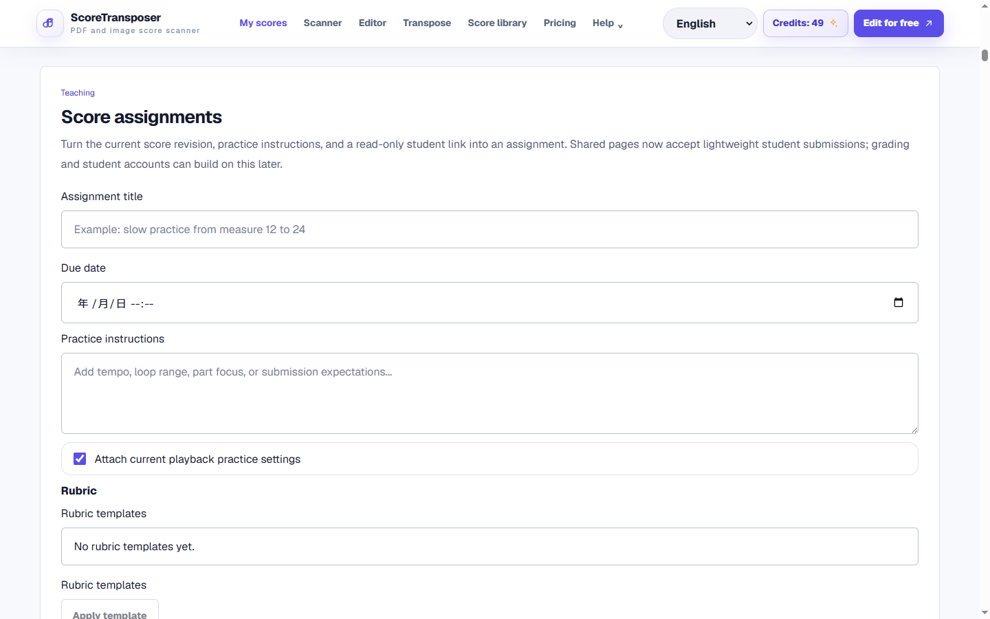 Teacher score-assignment form with due date, practice settings, and rubric controls
