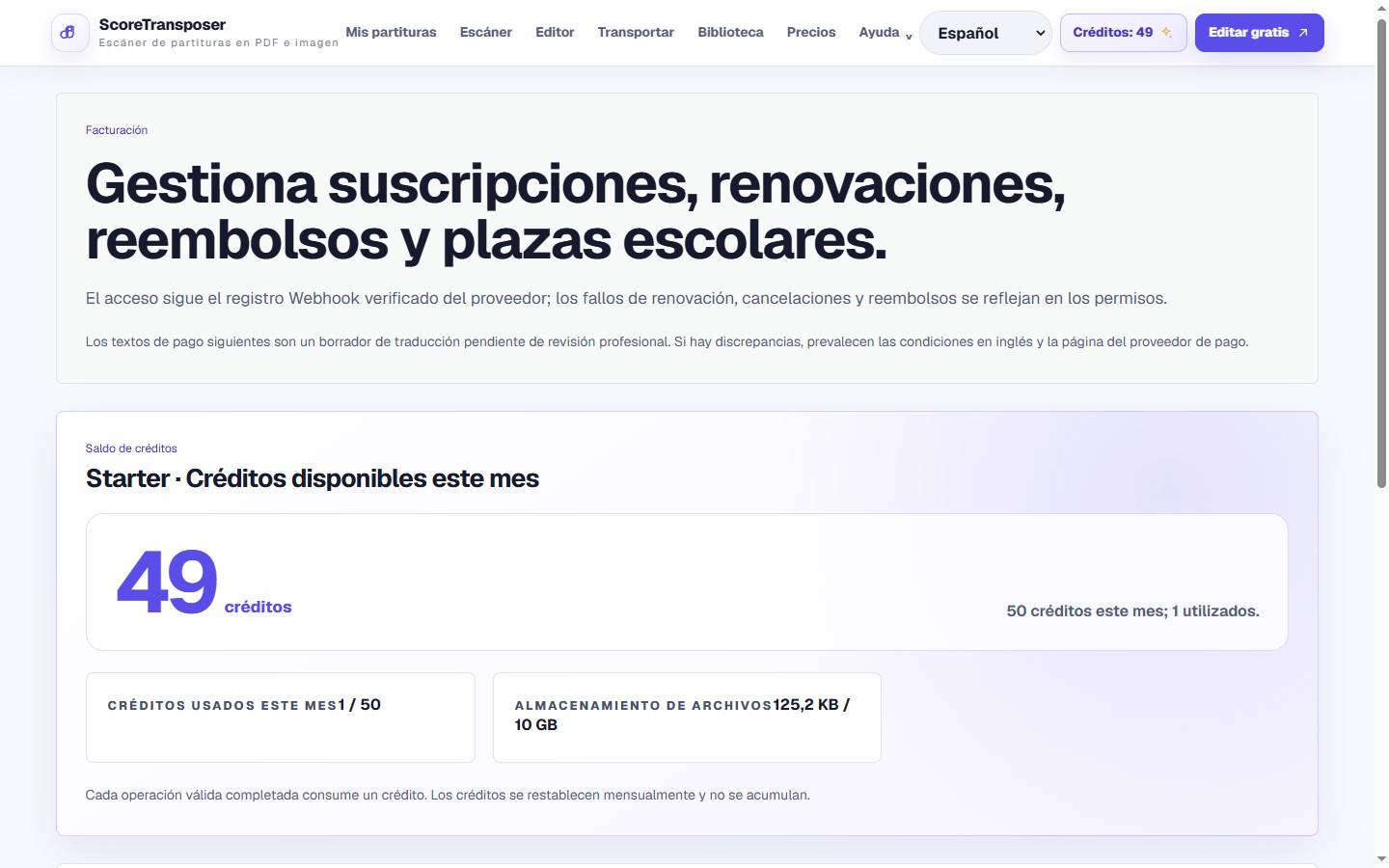 Precios de ScoreTransposer en la interfaz real del producto