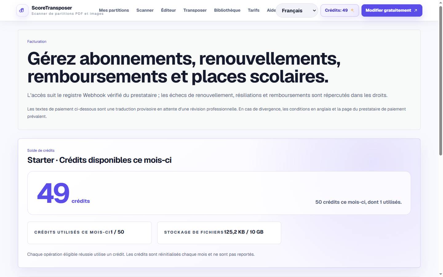Tarifs ScoreTransposer dans l’interface réelle du produit