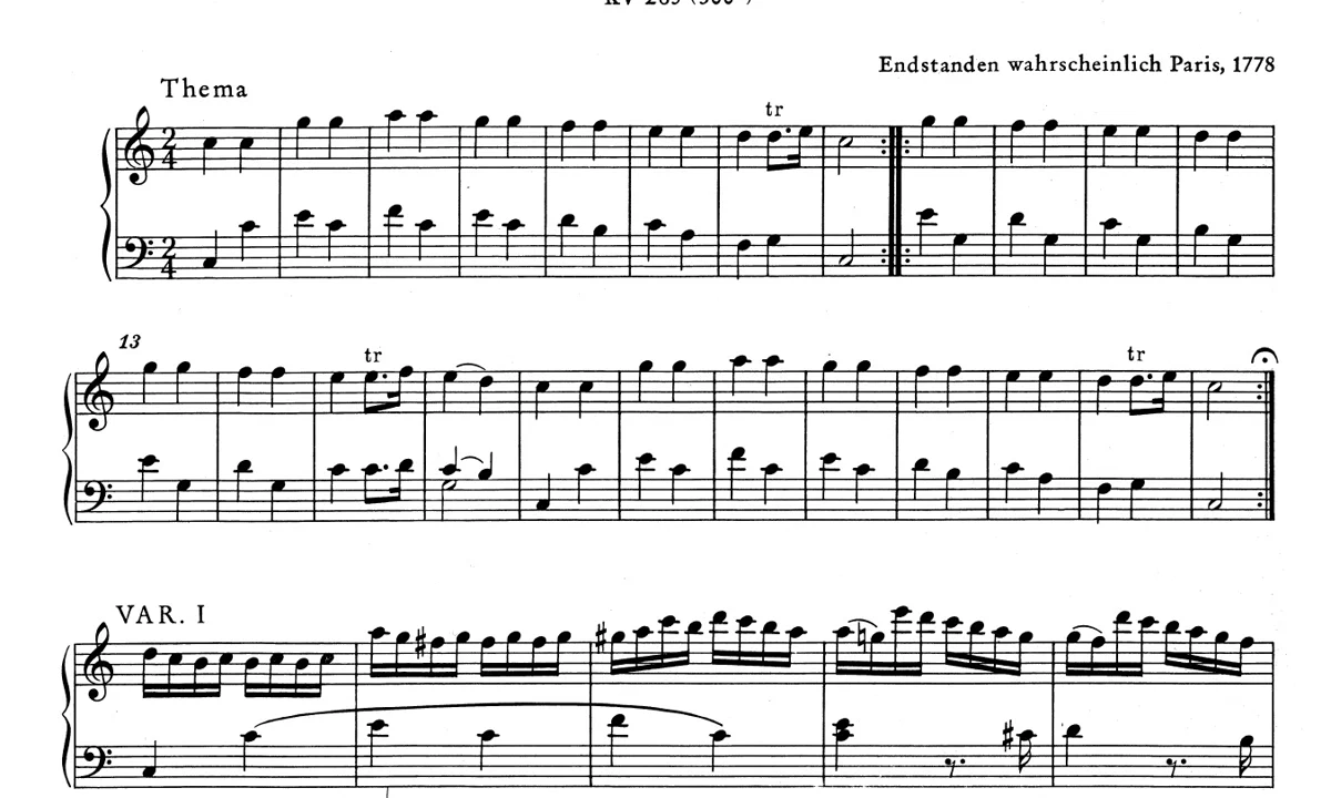 Real Mozart K. 265 score excerpt shown with the online editing feature