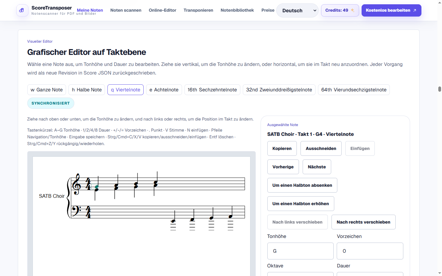 Online-Noteneditor in der realen Produktoberfläche