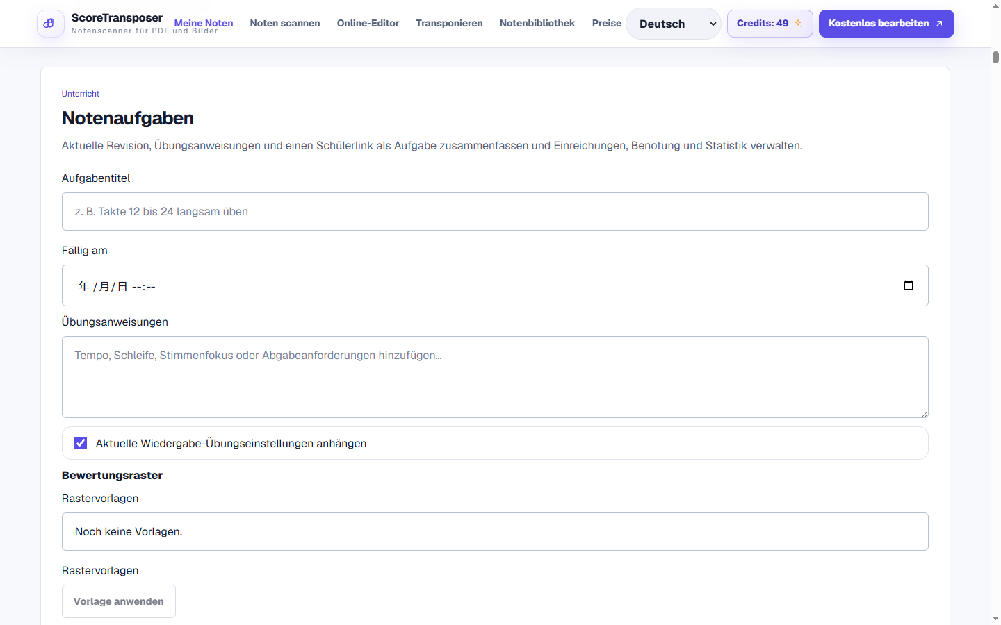 Notationssoftware für Lernende und Lehrkräfte in der realen Produktoberfläche