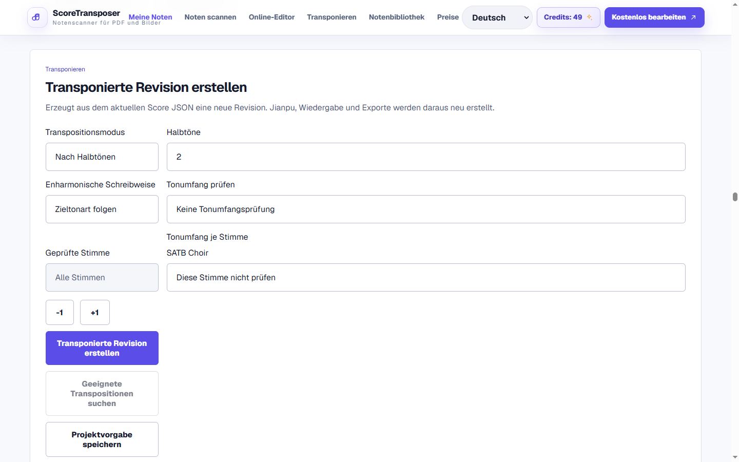 MusicXML importieren und eine transponierte Revision erstellen in der realen Produktoberfläche