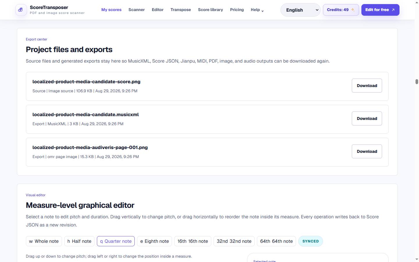 Score project export center with MusicXML files and the structured visual editor