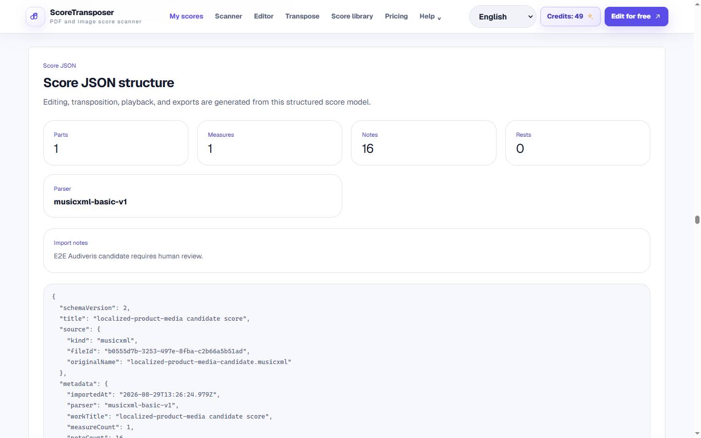 Structured score workspace showing a rendered MusicXML revision and practice controls