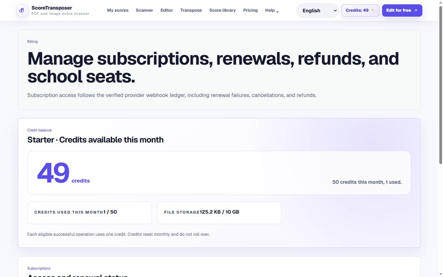Account billing page showing plan quotas, subscription state, and billing management controls