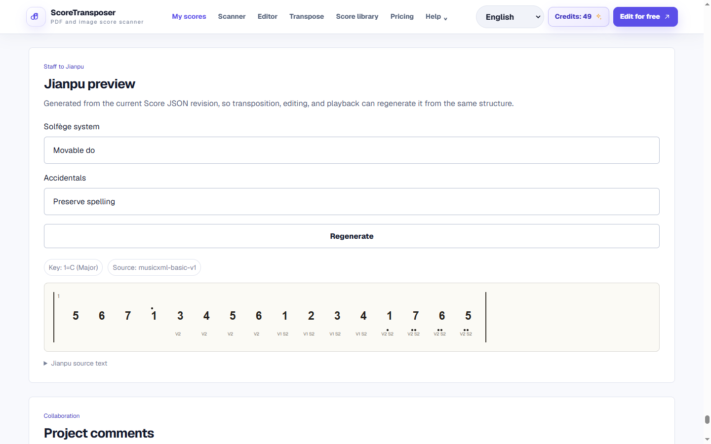 Structured Jianpu preview generated from the current score revision