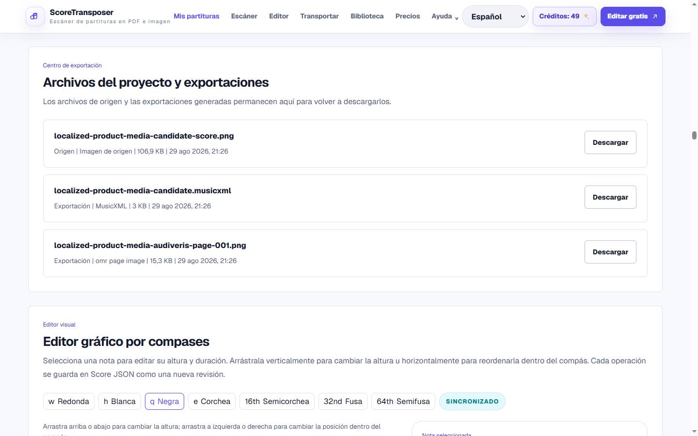 Editor MusicXML y conversor MIDI/PDF en la interfaz real del producto