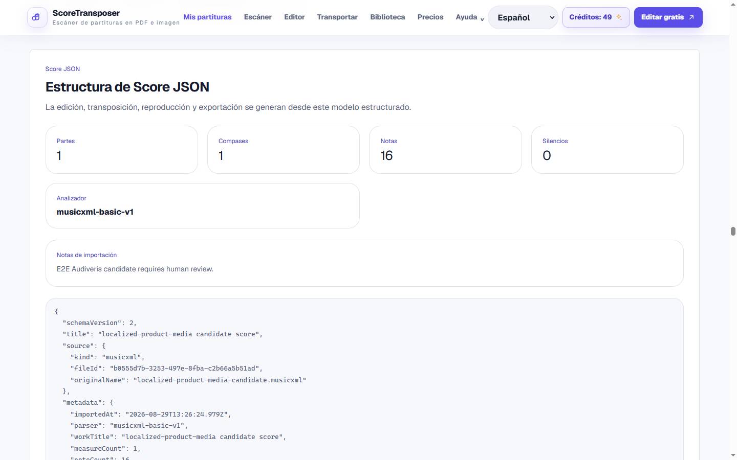Conversor de PDF a MusicXML en línea en la interfaz real del producto