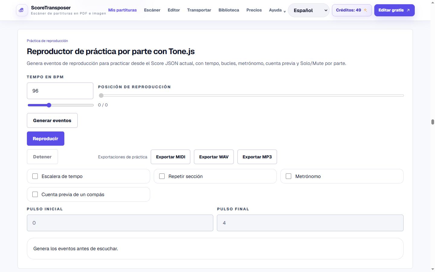 Mira, escucha y repite los compases difíciles en la interfaz real del producto