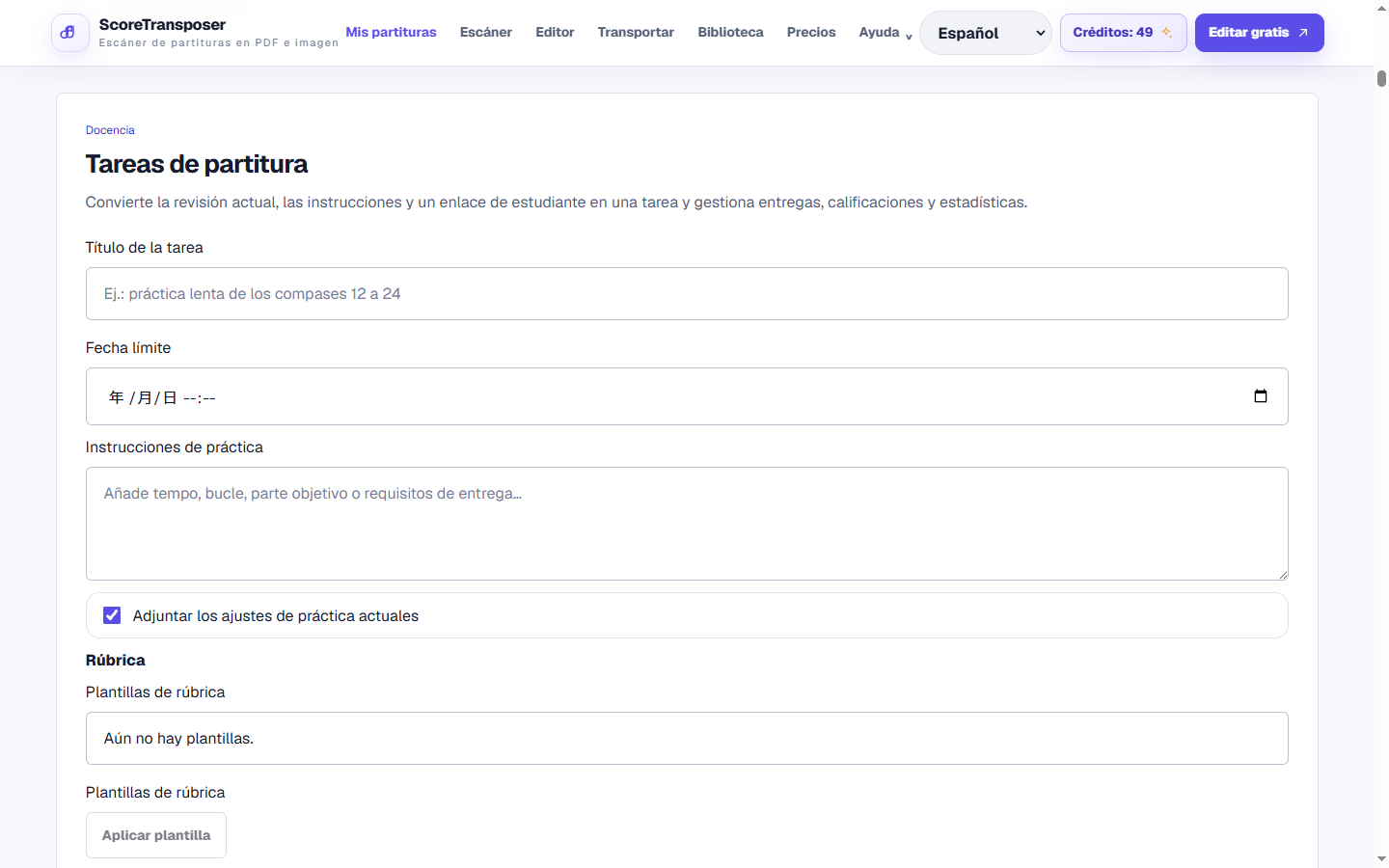 Software de notación para estudiantes y docentes en la interfaz real del producto