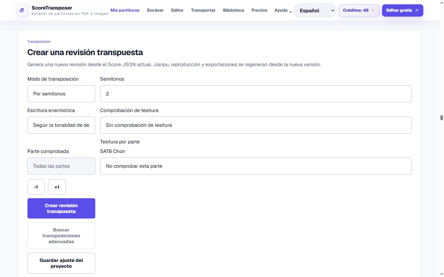 Importa MusicXML y crea una revisión transpuesta en la interfaz real del producto
